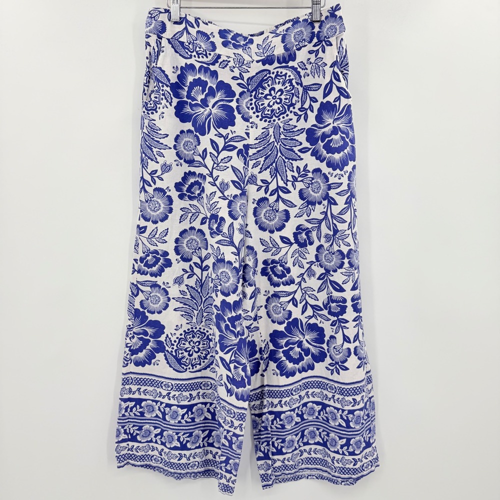 Rachel Zoe Floral Wide Leg Linen Blend Pants Blue White Large Boho Coastal